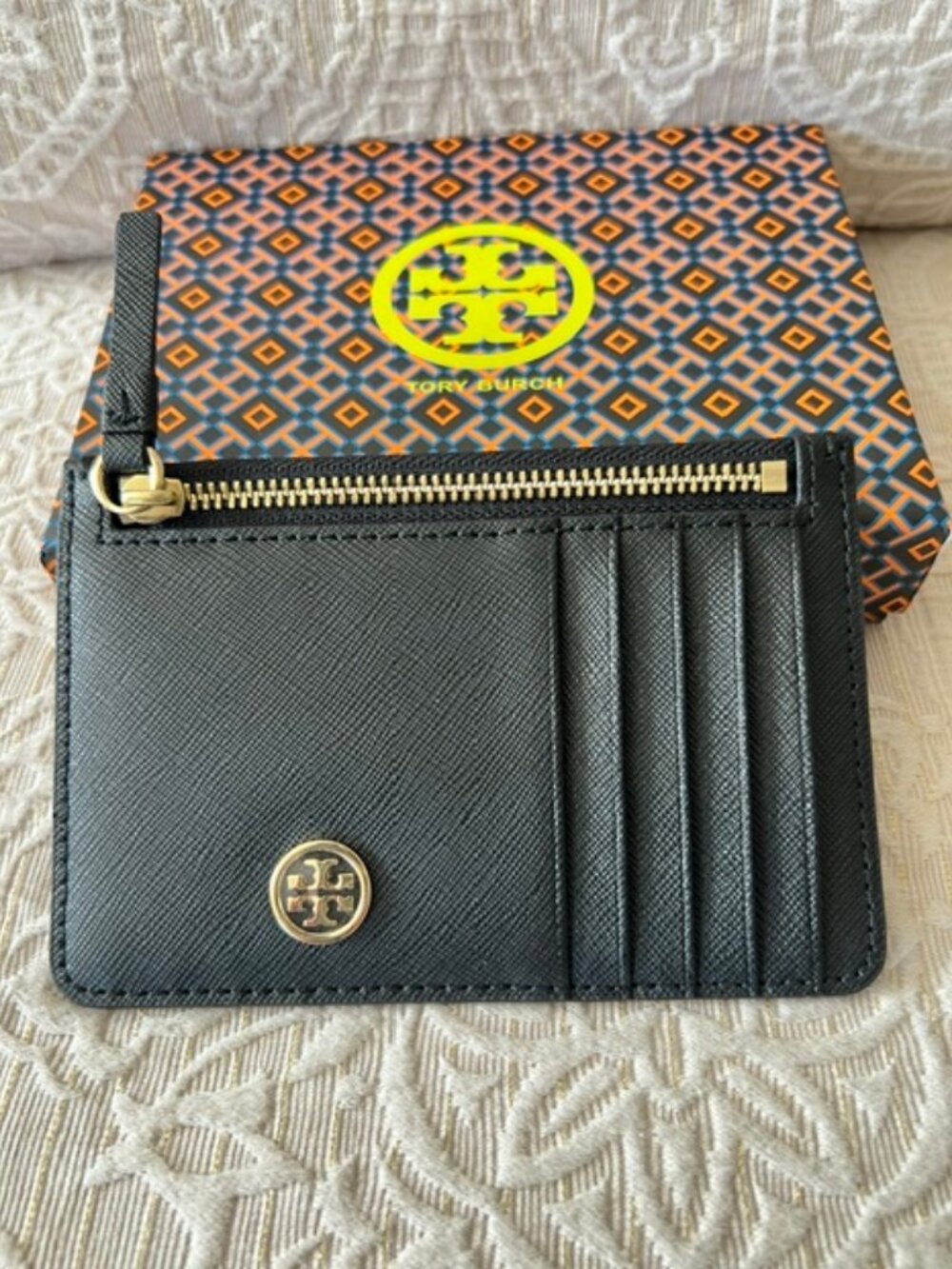 Tory Burch Black and Gold Logo Card Wallet